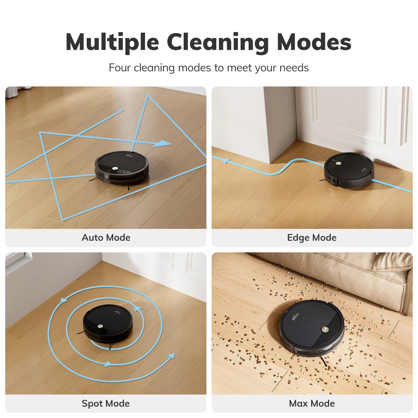 Reinigungsmodi des EASINE E3 mit Auto-, Spot-, MAX-, Kanten- und Zeitplanreinigung