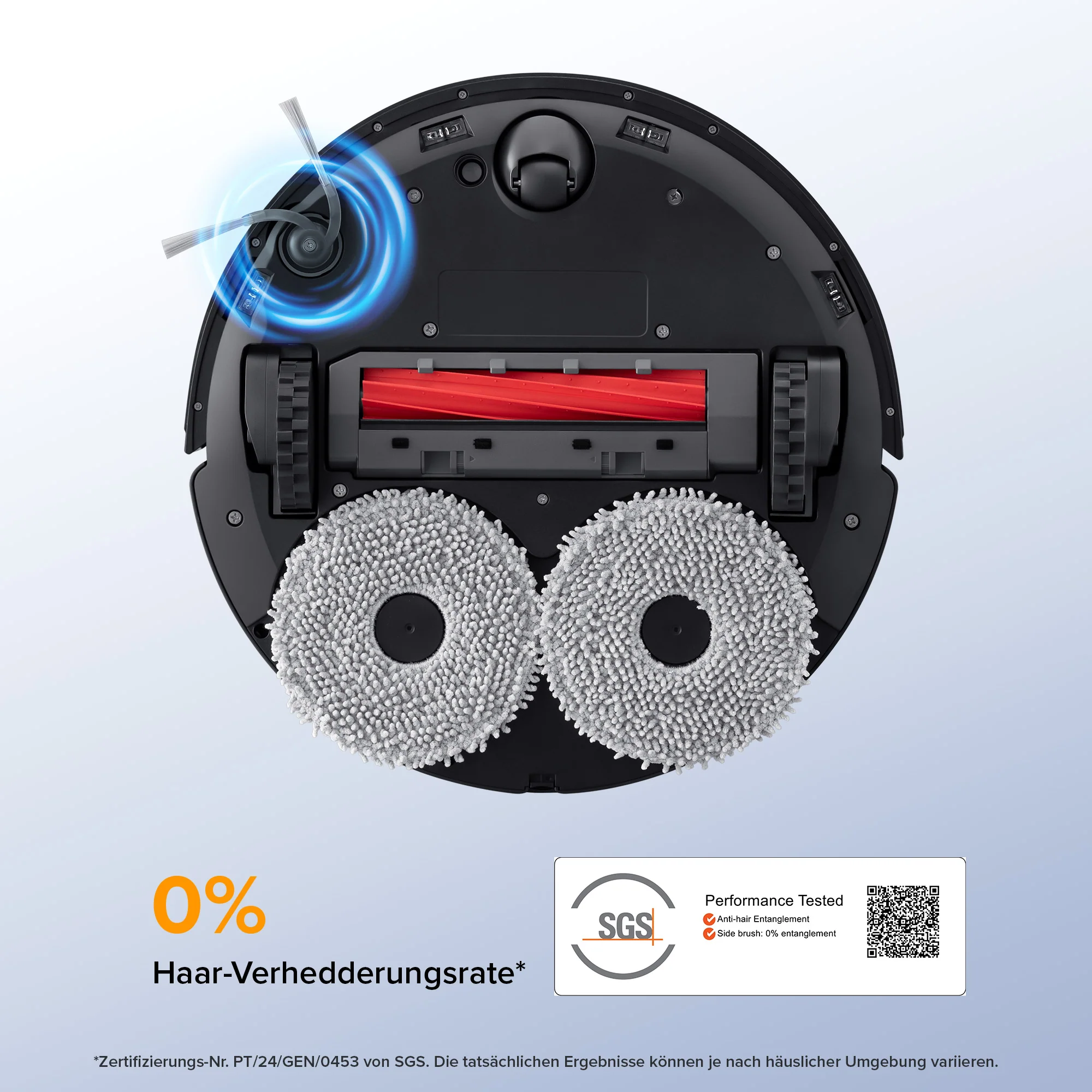 Unterseite des Roborock QV 35A mit Vollgummi-Hauptbürste, Seitenbürste und zwei Wischmopps